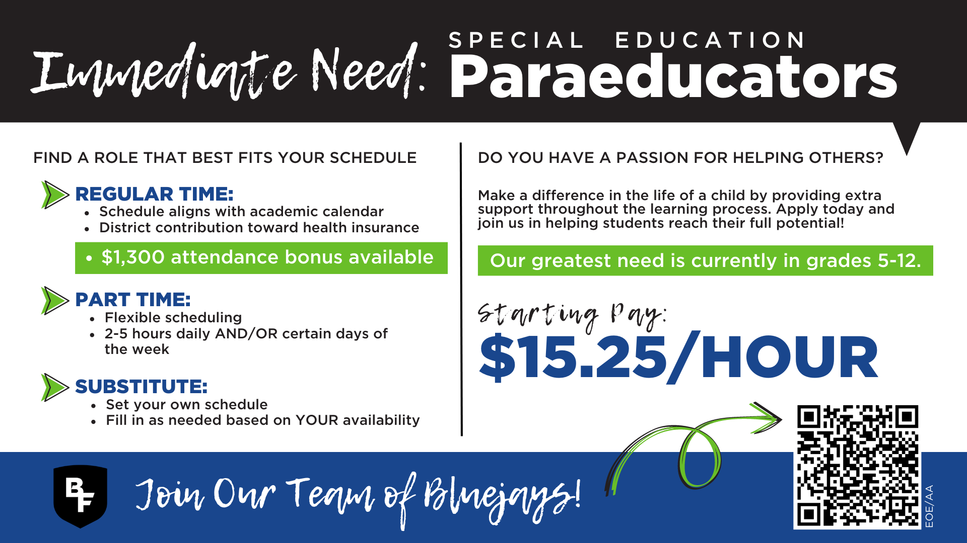 Immediate need for special education paraeducators, apply today to join our team